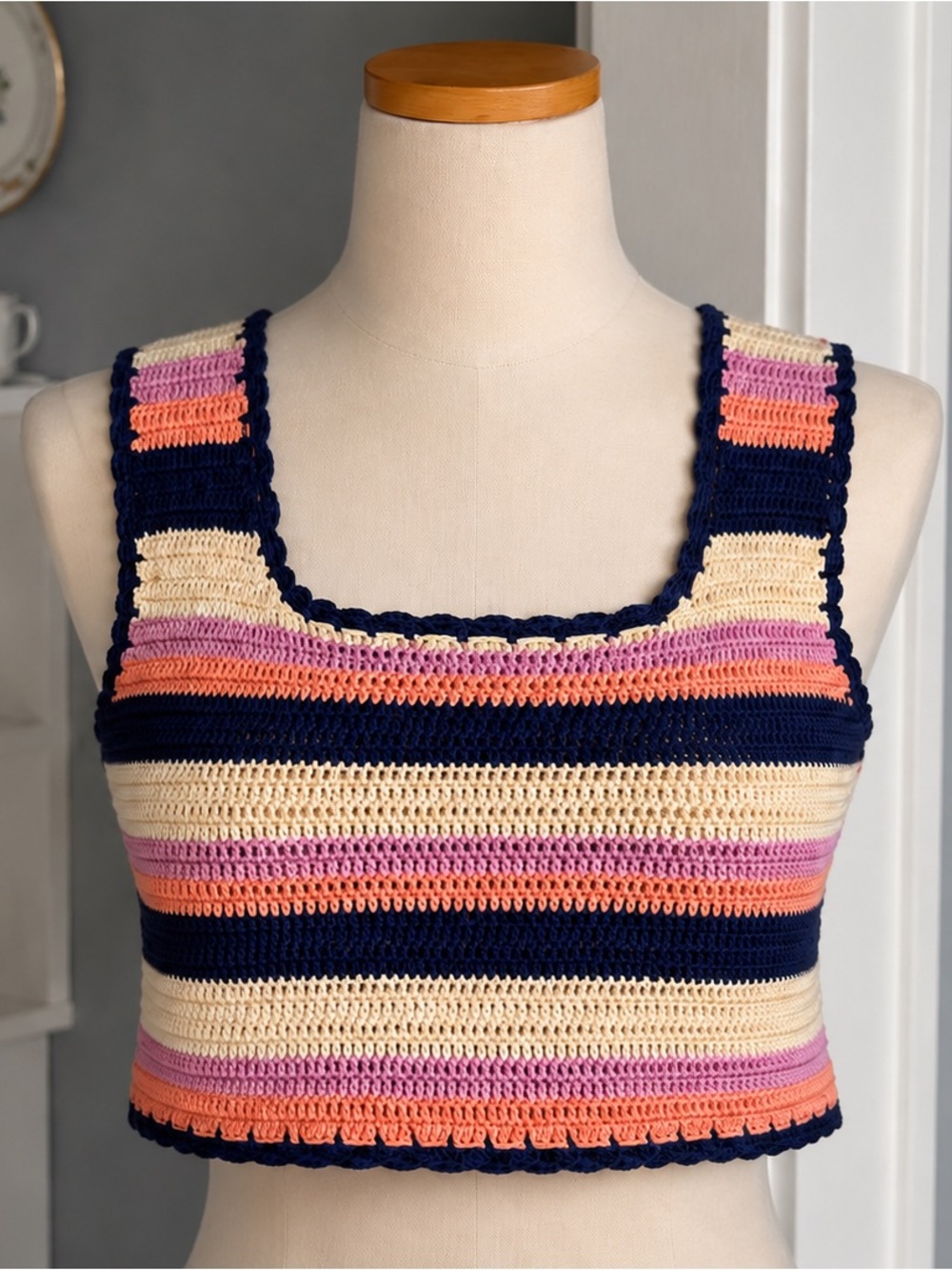 Crochet Striped Tank Crop Top in Navy, Cream, Pink & Coral